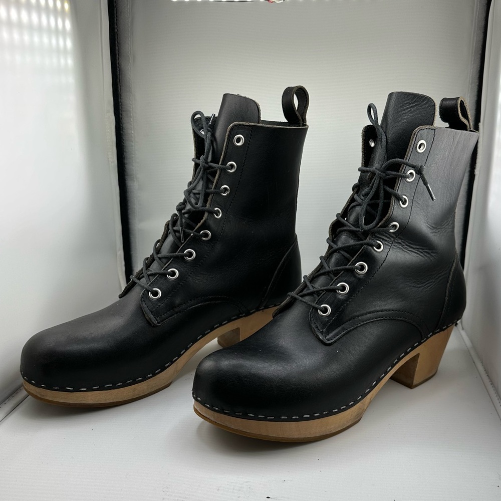 Swedish Hasbeens Black Leather Lace-Up Boots